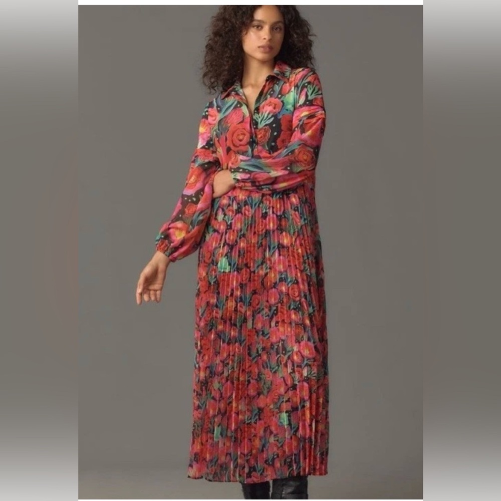 FARM Rio by anthropology Coral Pink Floral Pleated Maxi Dress size small